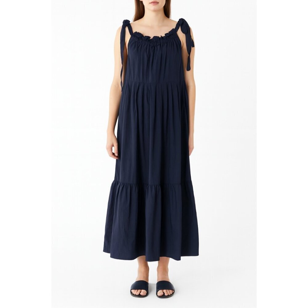 Weekend MaxMara Navy Blue Tiered Cotton Dress 10 Bow Shoulder